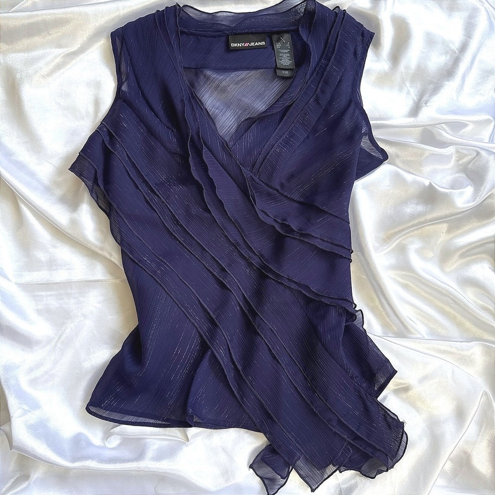 DKNY Jeans Womens Navy Blue Ruffle Tiered Sheer Metallic Pinstripe V-Neck Top S